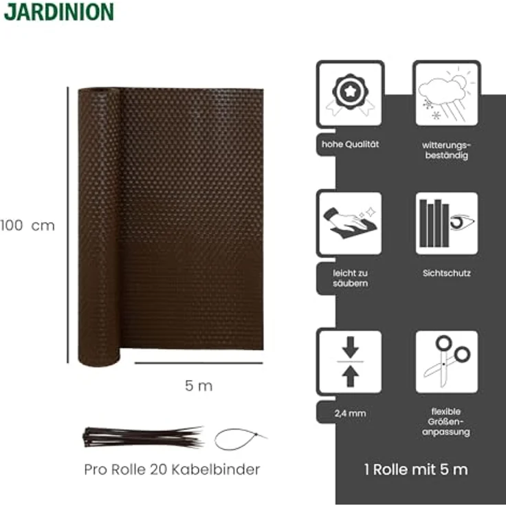 Jardinion Sichtschutzmatte Rattan Optik, 1 x 5m, blickdicht, braun, wetterfest und UV-beständig – Bild 3