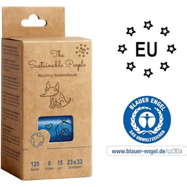 The Sustainable People TSP Recycling Hundekotbeutel - Blauer Engel zertifiziert - groß, auslaufsicher - Made in EU - 120 Stk - mind. 80% Post-Consumer-Rezyklat (PE) - stark (15µm) - 23x33cm, Blau – Bild 3