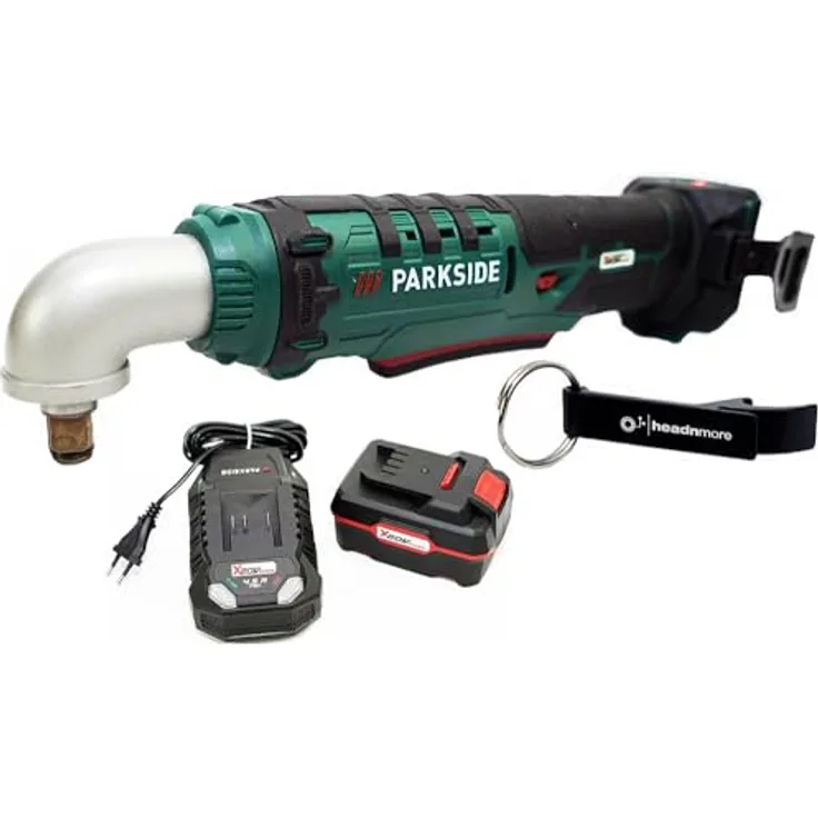 HEADNMORE® Bundle mit PARKSIDE® 20V 1/2 Zoll Akku Winkelschlagschrauber PAWS 20 A1 und Schlüsselanhänger (1x4Ah Akku) - Praktischer Schlagschrauber mit 76 Nm Drehmoment und LED-Arbeitsleuchte