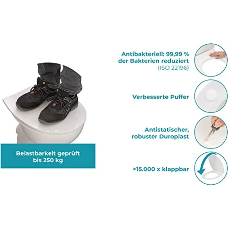 Calmwaters WC-Sitz Flach Absenkautomatik Weiß Duroplast O-Form Slim, antibakteriell, robust, abnehmbar, mit Edelstahl-Scharniere – Bild 3