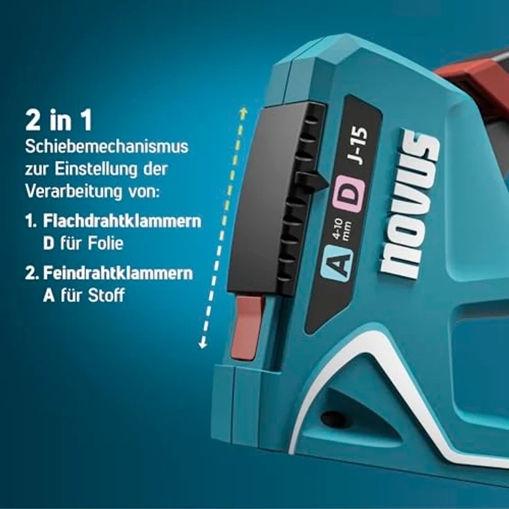 NOVUS Nagler Novus Tools J-15 Handtacker, 2-in-1 Tacker für Feindrahtklammern und Flachdrahtklammern von 4 - 10 mm, blau – Bild 2