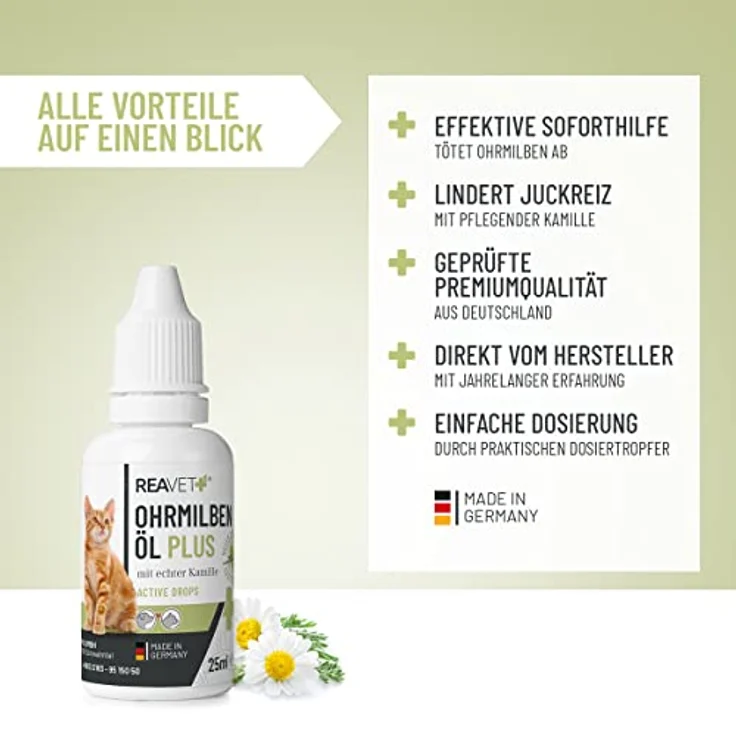 TESTURTEIL SEHR GUT 09/23 ReaVET Ohrmilbenöl Plus 25ml sofort wirksames Mittel für Katzen – gegen Ohrmilben mit Kamille für Katze, Sanfte Pflege bei Juckreiz im Ohr, Ohrentropfen Milben, Ohrenreiniger – Bild 2
