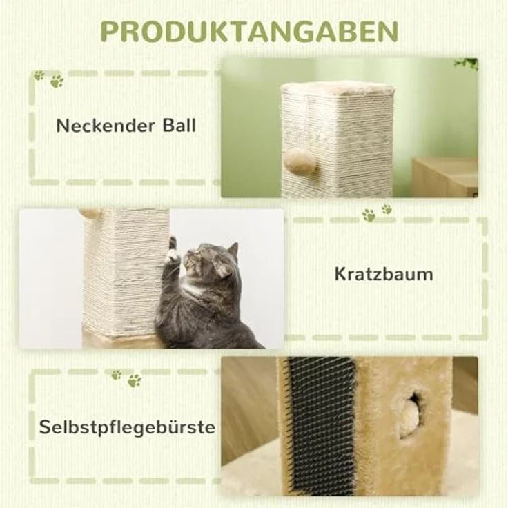 PawHut Kratzstamm, 79cm Kratzsäule mit Fellbürsten, Jute-Katzenkratzbaum mit Spielball, Beige – Bild 4