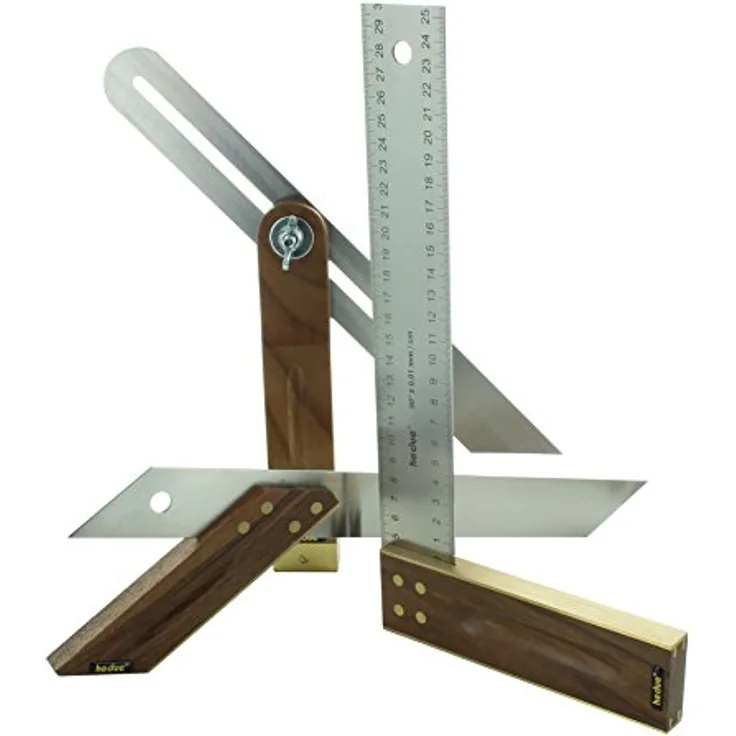 Hedue Tischler-Set A031, Winkelmesser mit Edelstahlblatt und Nussbaumholzgriffen, 300 mm, präzise Winkelgenauigkeit 0,06°