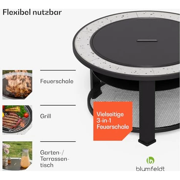 Blumfeldt Merano Circolo Feuerschale Ø 87 cm, 3-in-1 Feuerschale mit Grillrost und Funkenschutz, Feuertisch mit Terrazzo-Tischplatte, Robustes Stahlgestell, Ablagefläche - Grau – Bild 3