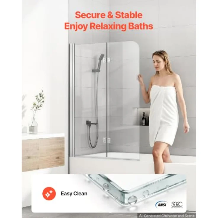 VEVOR Rahmenlose Badewannen-Duschkabine, 86 cm B x 140 cm H, 180° drehbare Tür aus 6 mm Sicherheitsglas, Schwarz – Bild 2