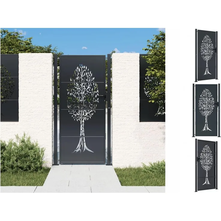 vidaXL Gartentor Anthrazit 105x180 cm Stahl Baum-Design Abschließbar mit 3 Schlüsseln