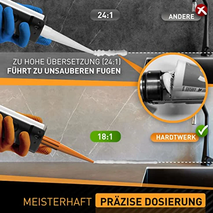 Hardtwerk® Kartuschenpistole 360° drehbar mit Cutter, 18:1 Übersetzung für präzise Dosierung bei Silikon und Acryl, geeignet für 150-310 ml Kartuschen – Bild 5