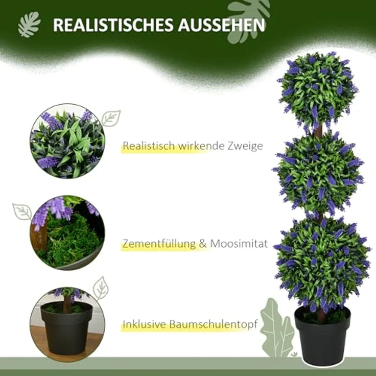 HOMCOM Kunst-Lavendelbaum, 110 cm groß, UV-beständig, Kunstpflanze im Zementtopf für Innen- und Außenbereich, 2er Set – Bild 3