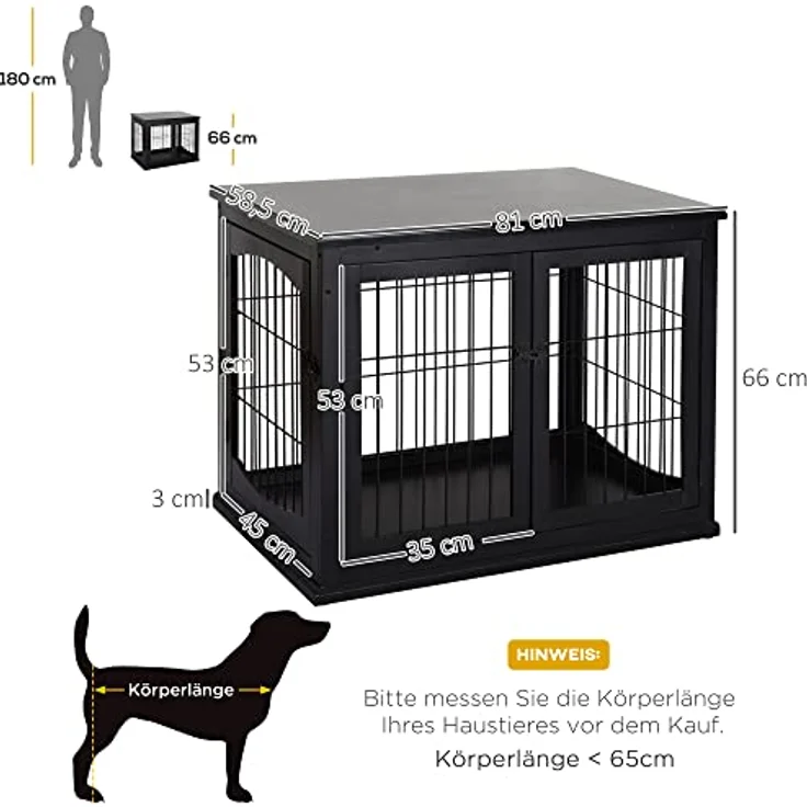 PawHut Hundehütte Hundehaus Transportbox Kleintierkäfig für Innen Hundebox Tierkäfig Haustier MDF Metall Schwarz 81 x 58,5 x 66 cm – Bild 3
