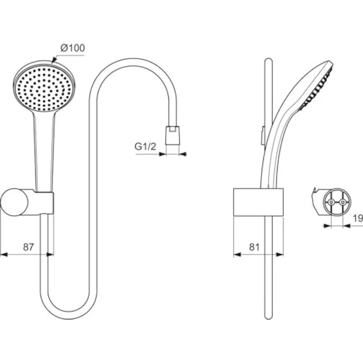 Ideal Standard Handbrause-Set Idealrain, 1-Funktionshandbrause mit 100 mm Durchmesser, 8 l/min, Chrom B9451AA – Bild 2
