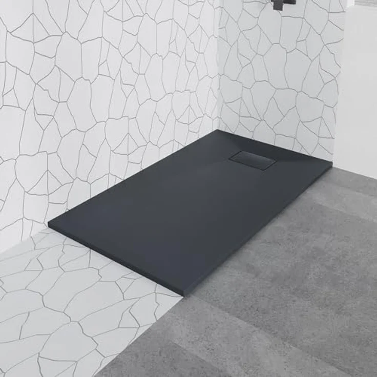 BAD LAND Walk-In Dusche KETIL 140x195 + Duschwanne VIDAR 90x160, Duschabtrennung Transparent Nano Glas, Duschtasse Rechteck Schwarz Steinoptik SMC mit Siphon Ø 90 mm – Bild 3