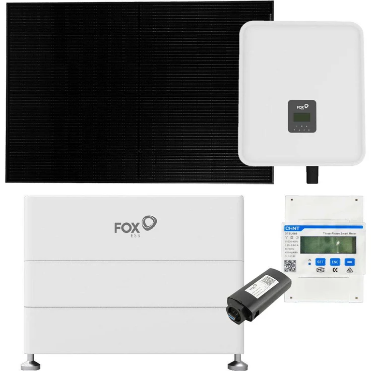 FOX ESS H3 10kWp PV Komplettanlage mit Glas-Glas Modulen und 8,64kWh Speicher, enthält 3-phasigen 10kW Hybrid-Wechselrichter, 1x 2,880Wh Hochvolt-Solarspeicher mit BMS, 2x 2,88kWh Hochvolt-Solarspeicher, WiFi 3.0 Stick, Energy Meter und 24x 440W Sunpro TopCon Full Black Glas-Glas Solarmodule