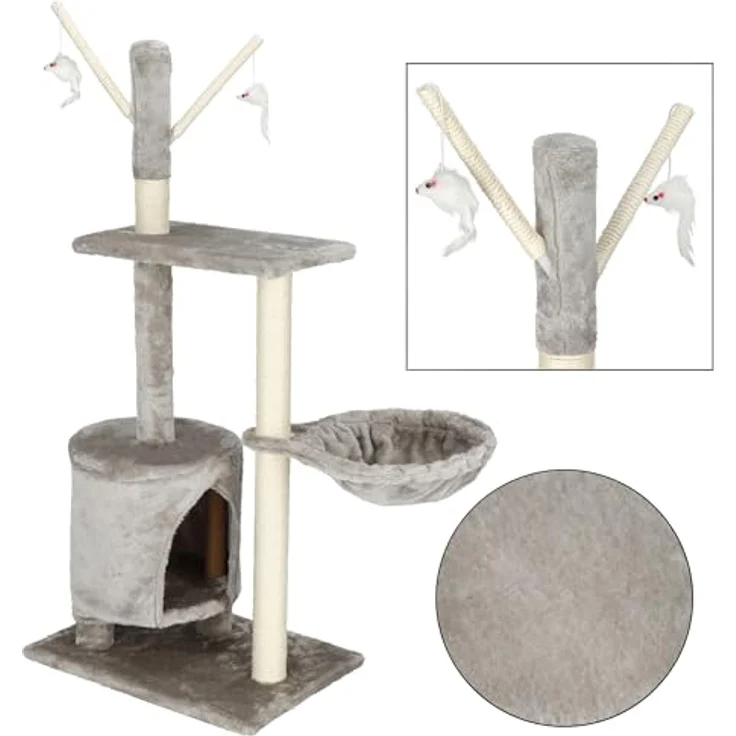SPRINGOS Kratzbaum Aussichtsplattform Spielmäuschen Liegemulde108 cm, Aschgrau – Bild 5