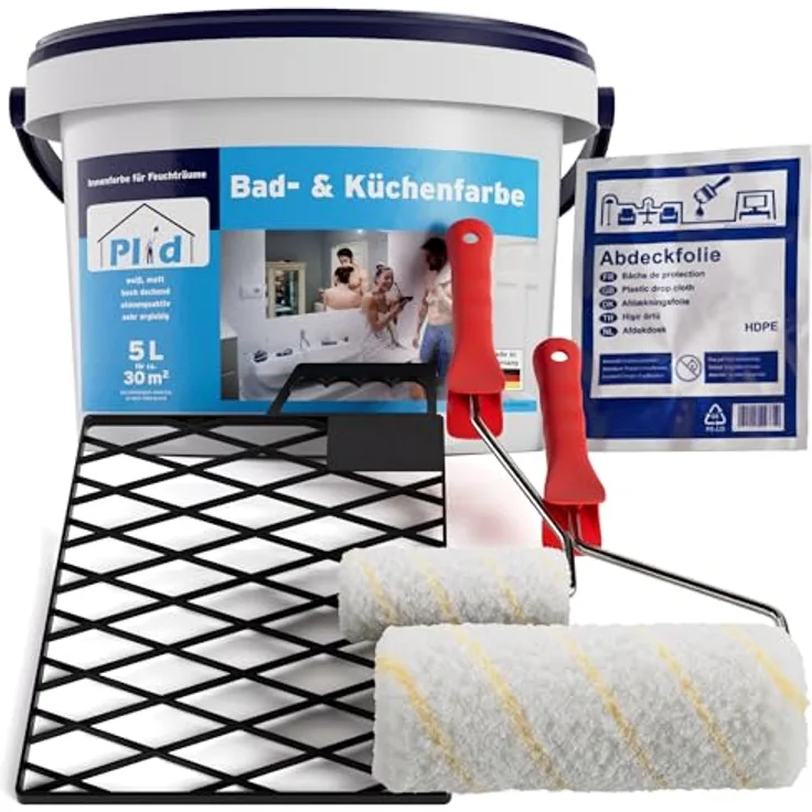 Plid Bad- & Küchenfarbe Weiß, 5L Set, hochdeckende Feuchtraumfarbe für Innen, schimmelresistent