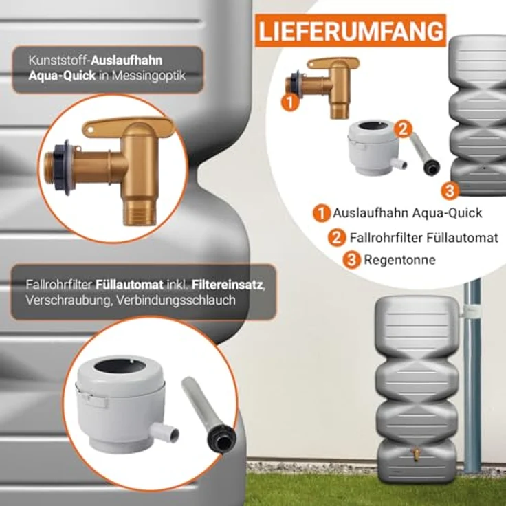 GARANTIA Regentonne CUBUS Komplett-Set 700 L, betongrau, inkl. Auslaufhahn und Fallrohrfilter, kompakte Bauform – Bild 4