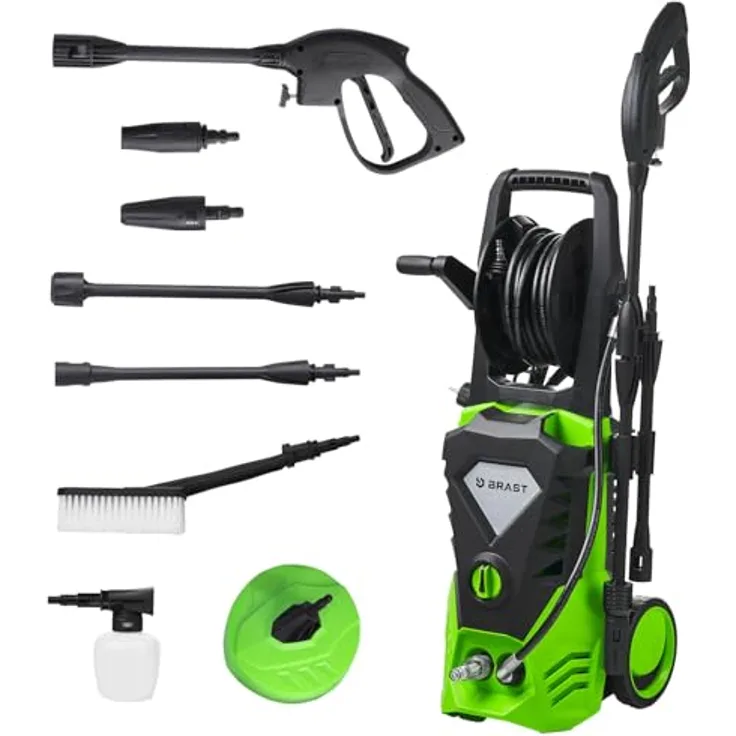 BRAST Hochdruckreiniger Elektro Power 2200W, 165 bar, 468 l/h Fördermenge, inkl. 11-tlg. Zubehörset, mobiler Flächenreiniger, 10m Hochdruckschlauch mit Schlauchtrommel
