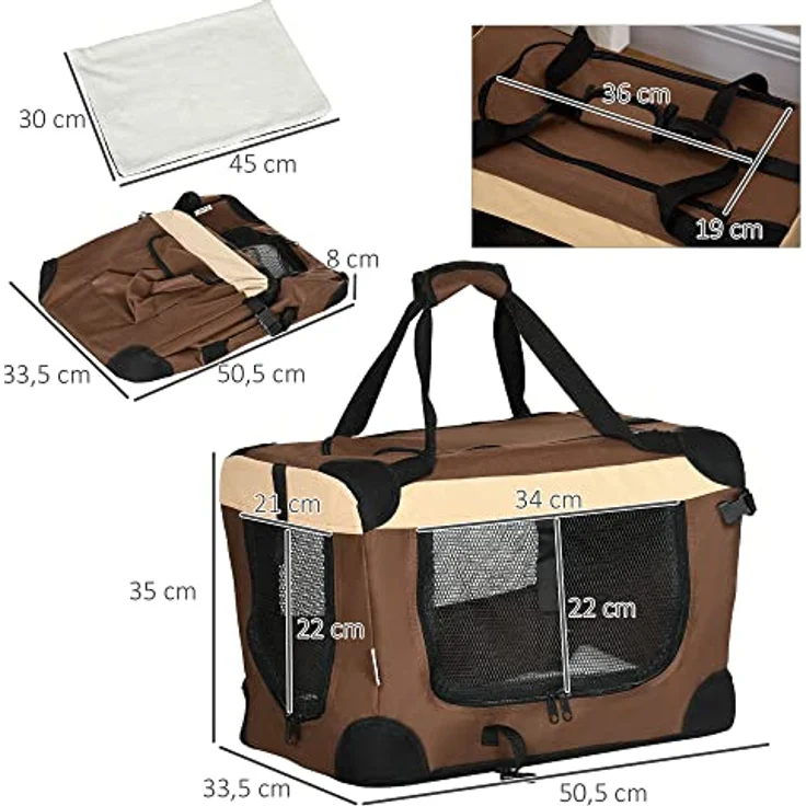 PawHut Tiertransportbox Hundebox, faltbar Hundetasche mit Kissen bis 4 kg, Braun – Bild 5