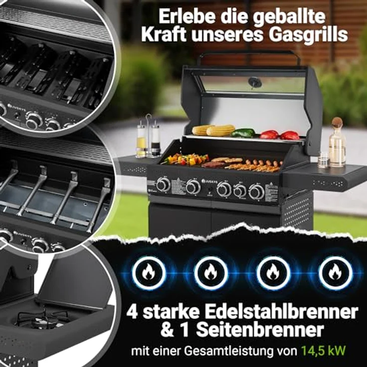 Juskys BBQ Gasgrill Savannah - 4 Brenner und 1 Seitenbrenner - XXL Stahl Gas Grill mit Gusseisen Grillrost, Kochfeld, Unterschrank für Gasflasche – Bild 2