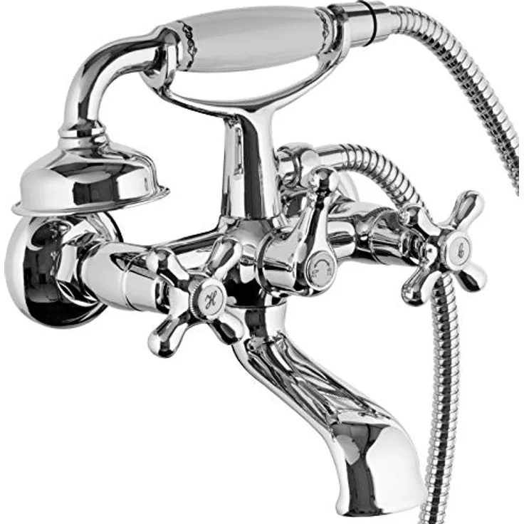 PaulGurkes Design Retro Nostalgie Wannenarmatur mit Handbrause Landhausstil Wannenfüllarmatur Mischbatterie Zweigriffarmatur Brausebatterie mit Duschkopf