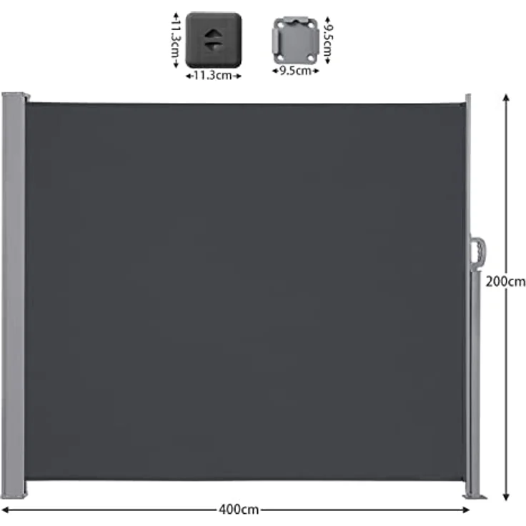 LARMNEE Seitenmarkise EBK204TBP02, ausziehbar, 200 x 400 cm, rostbeständig, UV-Schutz, blickdicht, für Balkon, Terrasse, Garten, Anthrazit – Bild 2