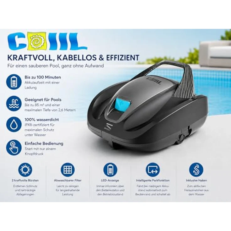 COIL PRR-85, Akku Poolroboter mit 100 Minuten Laufzeit, IPX8 wasserdicht, für Becken bis zu 85 m² – Bild 2