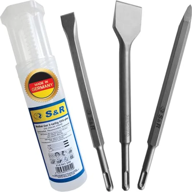 S&R Meißel-Set 3-tlg. SDS-plus, Industrie-Qualität mit Spatmeißel, Fliesenmeißel und Spitzmeißel in robuster Box, Made in Germany – Bild 1