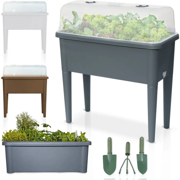 Onbest Hochbeet Kunststoff 76x66,5x37cm, wetterfest mit Deckel, inkl. 3-teiligem Gartenwerkzeug Set, Farben: Coffee, Weiß, Grau