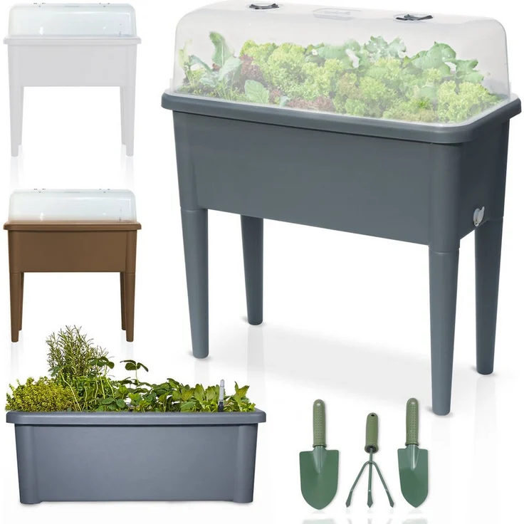 Onbest Hochbeet Kunststoff 76x66,5x37cm, wetterfest mit Deckel, inkl. 3-teiligem Gartenwerkzeug Set, Farben: Coffee, Weiß, Grau