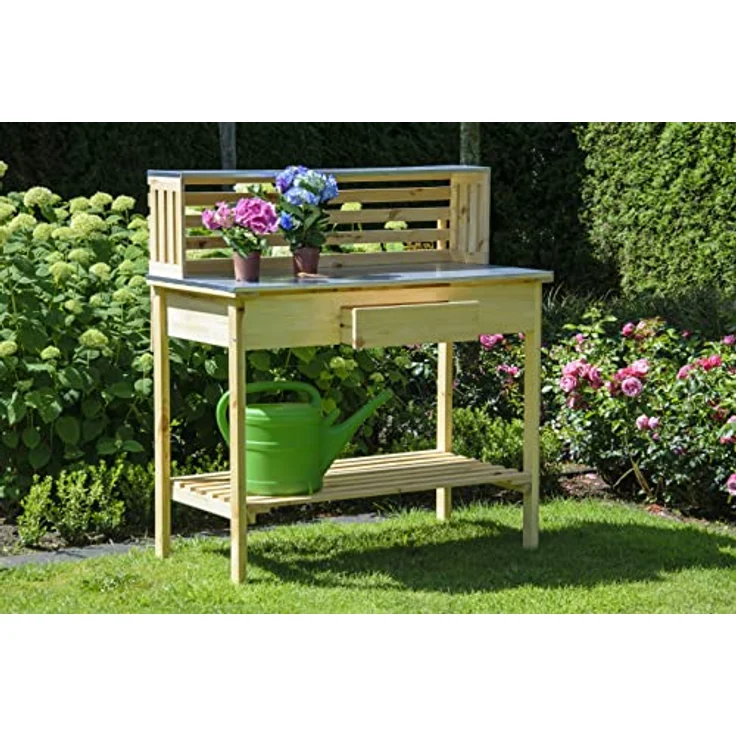 dobar® 29141FSCe XXL Premium Pflanztisch aus massivem Kiefernholz, wetterfester Umtopftisch mit verzinkter Arbeitsfläche und zwei Ablageflächen, 117 x 62 x 124 cm, Natur – Bild 3