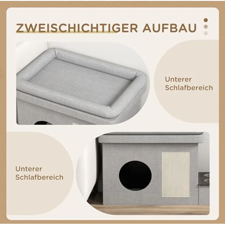 PawHut Tierbett Katzenhaus mit 2 Edelstahlnäpfen, Katzenbett Kissen, Kratzmatte, für Katzen und Hunde bis 8 kg, Polyester, Grau – Bild 6