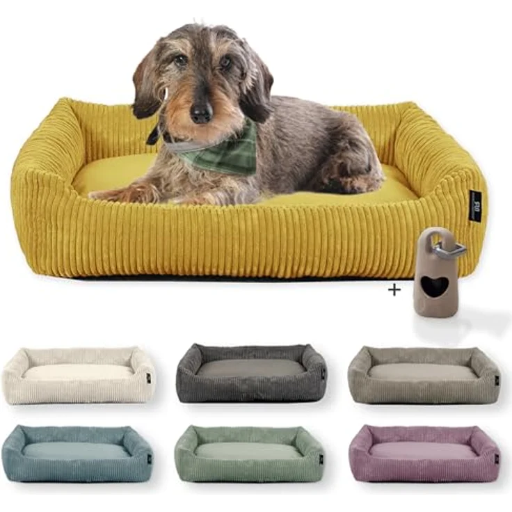 Rohrschneider Hundebett waschbar, für kleine und mittelgroße Hunde, mit Wendekissen aus Cordstoff, 2 Größen (ca. 55x42 cm / ca. 70x50 cm), inkl. Gassibeutel (Senf) – Bild 1