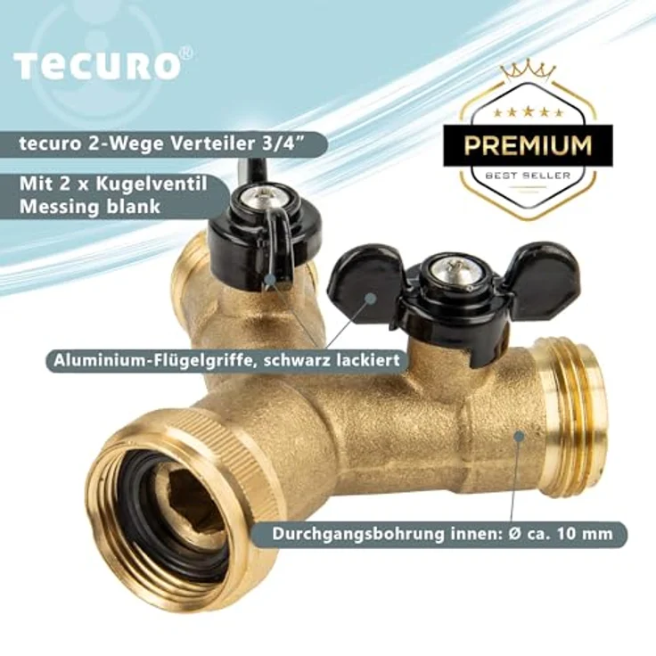 tecuro 2-Wege Y-Verteiler 3/4 Zoll, Bewässerungssystem mit 2 Absperrhähnen, schwere Vollmessing-Ausführung – Bild 3