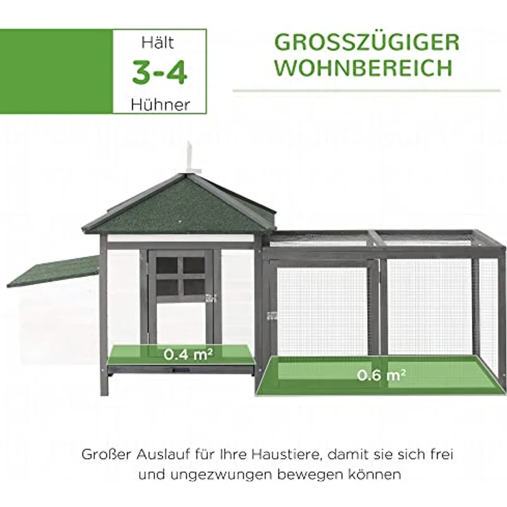 PawHut Zwerghühnerstall Zwerghühnerhaus mit Auslauf Stall mit Sitzstangen Nistkasten Wachtelstall Draußen Winterfest Kiefernholz Grau+Weiß 196 x 76 x 97 cm – Bild 4