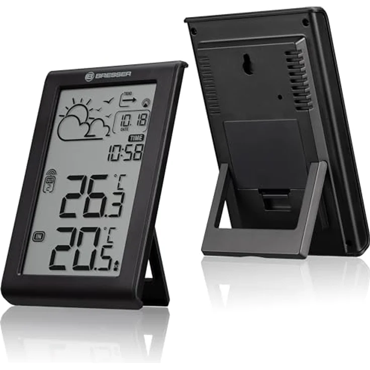 Bresser Wetterstation Funk Meteo Temp W, Wettervorhersage, Frostwarnung, DCF-Funkuhr, großes Display, digital, Schwarz – Bild 5