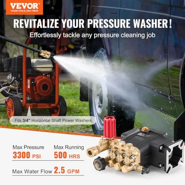 VEVOR Hochdruckreinigerpumpe, 3/4-Zoll-Welle, horizontaler Triplex-Kolben, 3300 PSI, 2,5 GPM, Ersatz-Hochdruckreinigerpumpen-Set mit 5 Düsen und langlebiger Leistung bis zu 500 Stunden – Bild 2