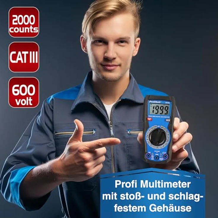 PeakTech 1040 True RMS Digital Multimeter, Manuell-Range, 2.000 Counts, Durchgangsprüfer, Voltmeter; 10A AC/DC - CAT III 600V, Blau – Bild 4