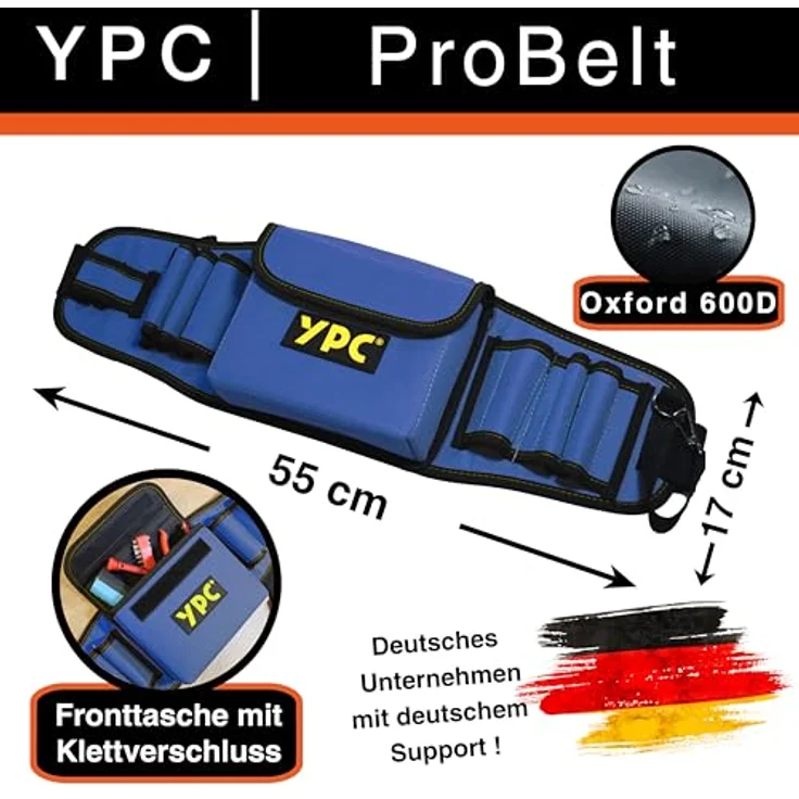 YPC ProBelt – Profi-Werkzeuggürtel mit großer Nageltasche (17x15x5 cm), 7 Steckfächern, verstellbar und in Khaki, Grau oder Blau – Bild 2