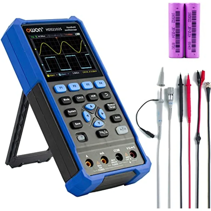 OWON HDS2102S Handheld Oszilloskop, 20000 Counts Digital multimeter, 2Kanal Digitaloszilloskop Tragbares 3 in 1 Universalprüfgerät, 1 Kanal Generator 100Mhz Bandbreite USB mit 3,5 Zoll LCD Display