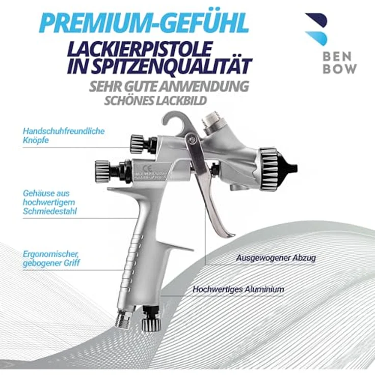BENBOW Lackierpistole PK70, HVLP-System mit 1,3 mm Düse und 600 ml Materialbecher, professionelle Verarbeitung – Bild 2