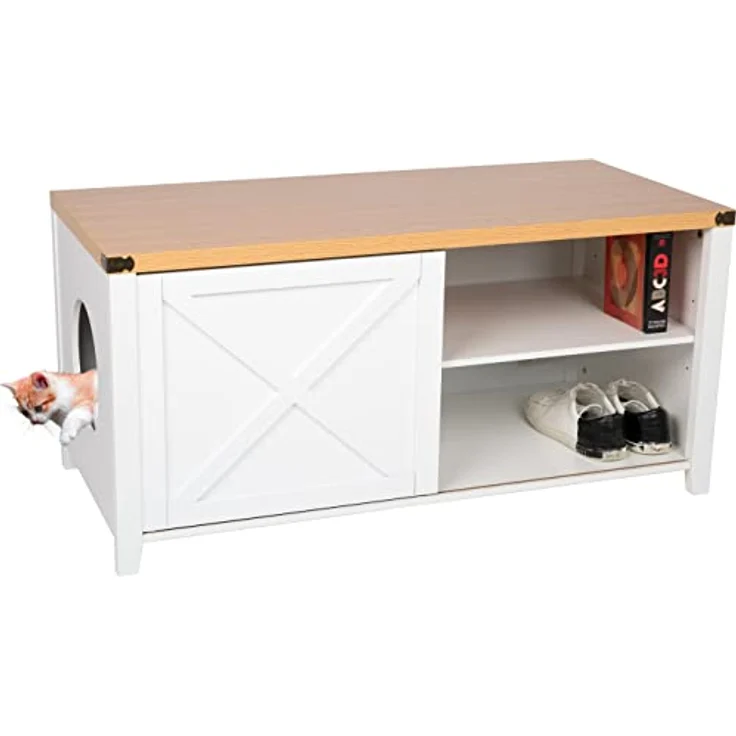 needs&wants® Katzenschrank groß für Katzentoilette XXL aus Holz mit Schuhschrank Sitzkommode, Katzenklo-Schrank Kommode, Design Katzenhaus Toilette Klo, 110 x 50 x 53 cm, weiß braun – Bild 1