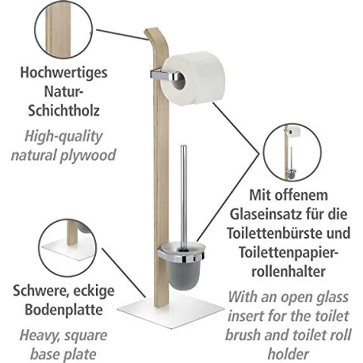 WENKO Stand WC-Garnitur Samona Nature, moderner Ständer für Toilettenpapier & Toilettenbürste, inkl. WC-Bürste mit auswechselbarem Bürstenkopf, Holz mit Chrom-Akzenten, 20 x 71,5 x 20 cm, braun – Bild 2
