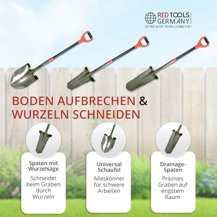 Red Tools Profi Spaten Set, 3-tlg. Gartenset mit Sägespaten, Drainagespaten und vielseitiger Schaufel, robustes Metallwerkzeug – Bild 3