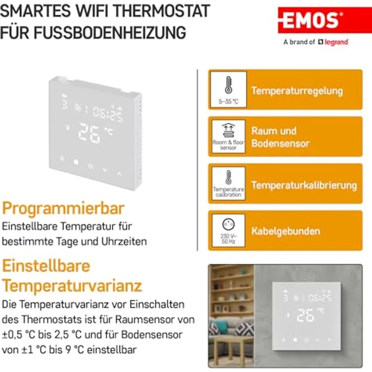 EMOS GoSmart - WiFi Raumthermostat für Fußbodenheizung mit Touch-Bedienung, energiesparend, kompatibel mit Tuya, Smart Life, Google Assistant und Alexa - weiß – Bild 2