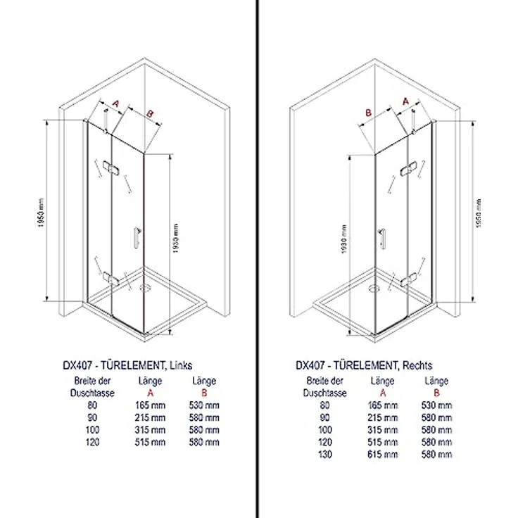NEXTREND Eckdusche DX407, Schwingtüren aus 8 mm Nano Echtglas, Breiten wählbar, Türelement Rechts 80 cm, Türelement Links 120 cm – Bild 7