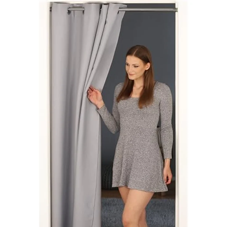 tinycurtains, Türvorhang mit Teleskopstange, einfache Montage in nur 1 Minute ohne Bohren (Türvorhang hellgrau + Stange Silber, Vorhang 210 x 150 cm (HxB); Stange 70-120 cm) – Bild 1