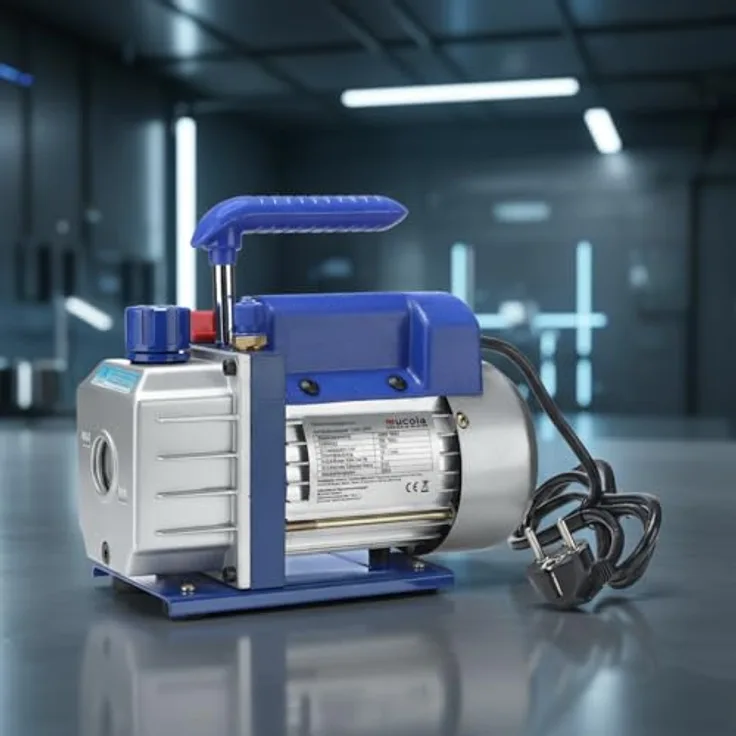 Mucola Vakuumpumpe Unterdruckpumpe für Klimaanlagen, 70 L/min, Aluminiumgehäuse, Silber/Blau, inkl. Ölflasche