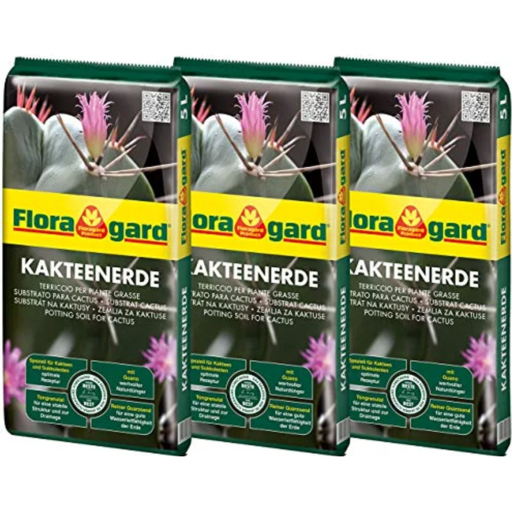 Florgard Kakteenerde 3x5L für alle Kakteen und sukkulenten Pflanzen - schonend aufgedüngt - mit reinem Quarzsand