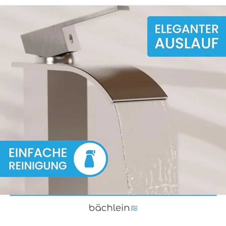Bächlein Badarmatur Tamina hoch in Wasserfall-Design, extra hoher Einhebelmischer mit Montage-Set für Aufsatzwaschbecken, Bad Wasserhahn Edelstahl gebürstet – Bild 2