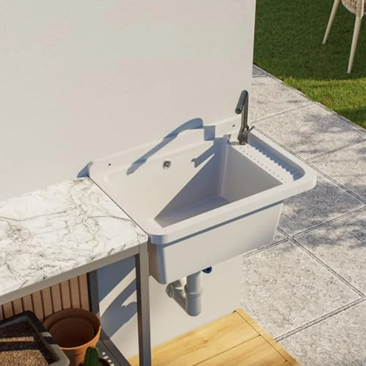 QLS Küchenspüle Gradia, Kunststoff-Spülbecken mit Siphon, 50 x 34 cm, Ausgussbecken für draußen, Garten, Werkstatt – Bild 5